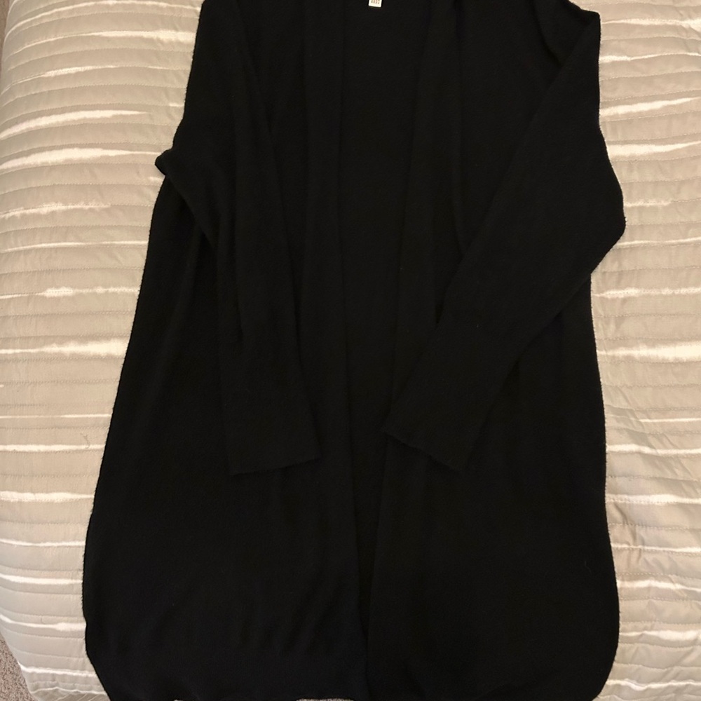 Long Black Cowl Neck Open Front Cardigan – Soft Drapey Layering Piece